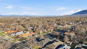 Aerial view of residential area with mountains