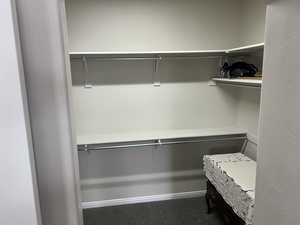 Walk in closet featuring dark carpet