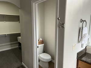 Bathroom featuring vanity, a walk in closet, and dark carpet