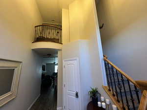 Stairs featuring ceiling fan, a high ceiling, and wood finished floors