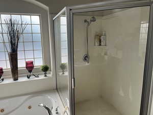 Full bathroom featuring a shower stall and a tub with jets