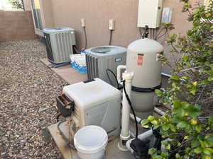 Exterior view of stucco siding and a central air condition unit
