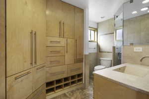 Full bath featuring tile walls, vanity, and a stall shower