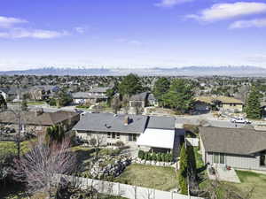 Aerial perspective of suburban area with mountains
