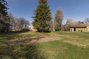 View of grassy yard featuring an outbuilding