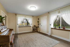 Entryway with dark wood-type flooring and healthy amount of natural light