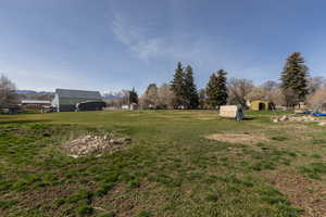 View of grassy yard featuring a mountain view and a storage unit