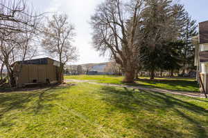 View of grassy yard with an outbuilding