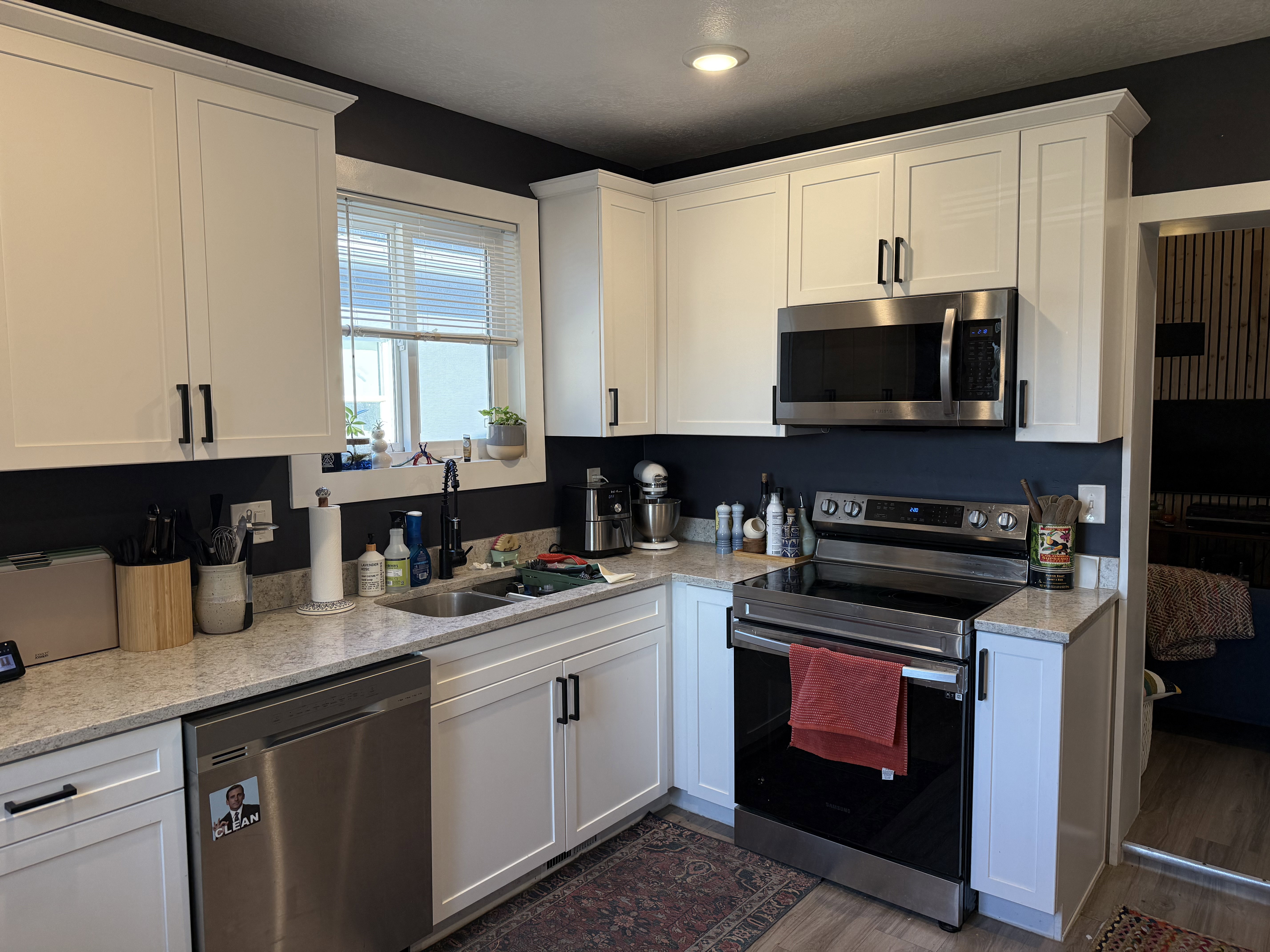 Kitchen with stainless steel appliances, white cabinets, light stone counters, dark wood finished floors, and recessed lighting