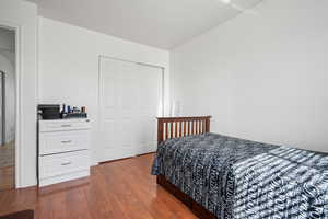 Bedroom featuring a closet and dark wood-type flooring