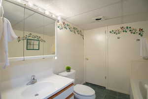 Full bath in basement featuring great lighting and very roomy