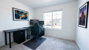 Bedroom used as Office with light carpet and baseboards and great mountain views