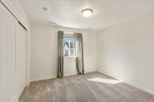Unfurnished bedroom featuring light colored carpet, a textured ceiling, and a closet