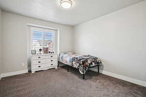 Bedroom featuring dark colored carpet and a textured ceiling