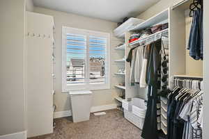 Walk in closet featuring dark carpet