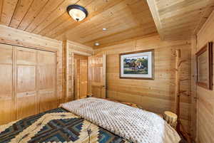 Bedroom with wooden walls, wood ceiling, and a closet