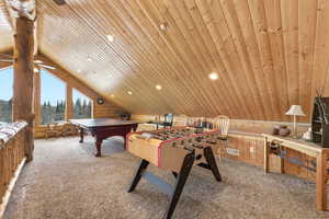 Recreation room featuring wooden walls, carpet floors, recessed lighting, pool table, and wood ceiling