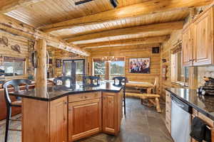 Kitchen featuring a kitchen breakfast bar, log walls, a chandelier, stainless steel dishwasher, and a wooden ceiling with exposed beams