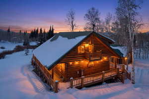 View of front of home with a metal roof and log exterior