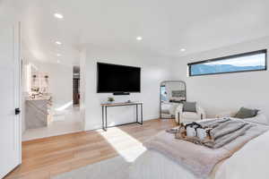 Bedroom with light wood-style flooring and recessed lighting