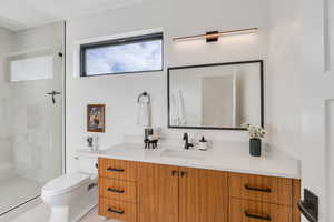 Full bath with vanity and a shower stall