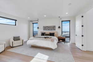 Bedroom featuring light wood-type flooring, recessed lighting, and multiple windows