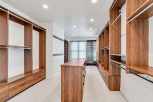 Walk in closet featuring light carpet