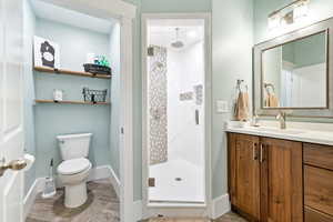 Master bathroom with a shower stall, vanity, and parquet floors