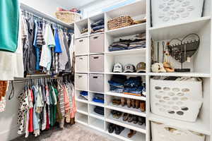 Walk in closet with light carpet