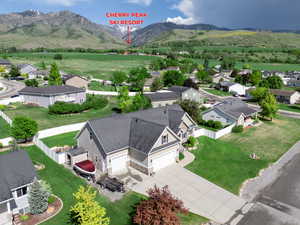 Aerial perspective of suburban area with mountains