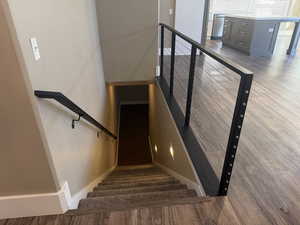 Stairway with metal railing and carpeted stairs