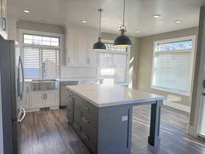 Kitchen with dual tone custom Jensen's cabinetry, quartz countertops, stainless steel appliances, stainless steel farm sink, LVP floors, tasteful tiled backsplash, dining area and pendant lighting