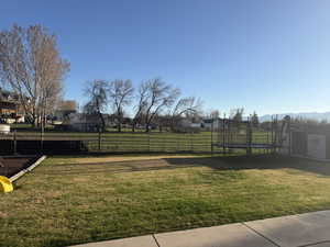 View to the south, trampoline and a storage shed