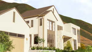 View of property exterior with a garage and stucco siding