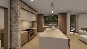 Kitchen with high quality stove, light countertops, a center island, decorative light fixtures, and open floor plan