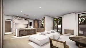 Living room with a lit fireplace and recessed lighting
