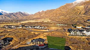 Aerial view of residential area with mountains