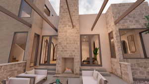 View of patio with an outdoor living space with a fireplace