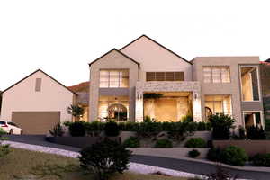 Modern home with stone siding