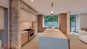 Kitchen featuring light wood-style floors, designer stove, open floor plan, and light countertops