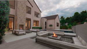 View of patio featuring an outdoor living space with a fireplace