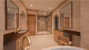 Full bathroom featuring two vanities, recessed lighting, light carpet, a shower stall, and a bathtub