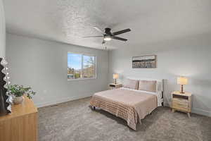 Bedroom featuring carpet, a textured ceiling, and a ceiling fan