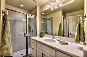 Full bathroom featuring vanity, a shower stall, a textured ceiling, and recessed lighting