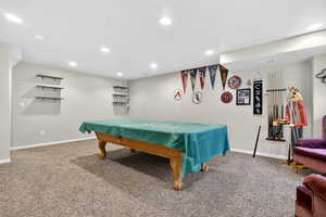 Playroom featuring pool table, recessed lighting, and carpet floors