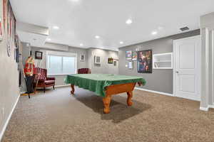 Recreation room featuring pool table, carpet, and recessed lighting