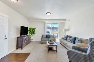 Living room with a textured ceiling and light carpet