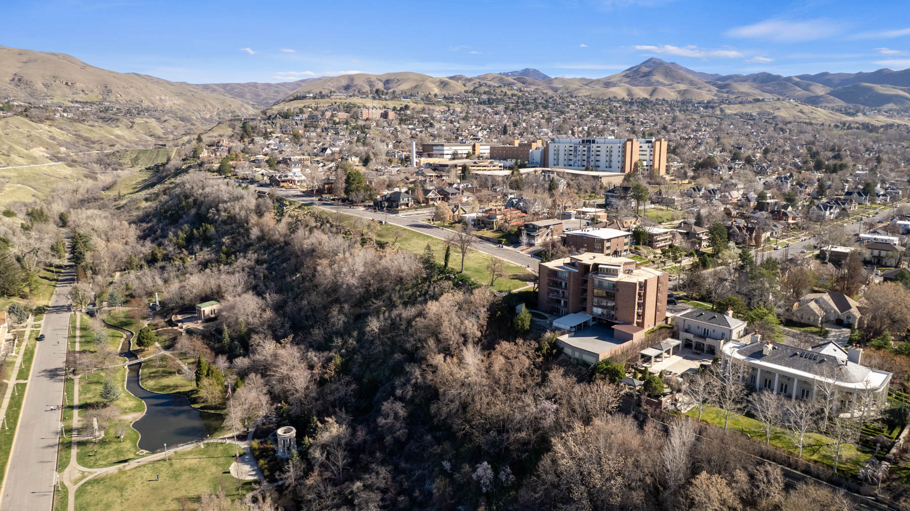 Drone / aerial view of a mountainous background