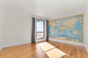 Unfurnished room with light wood-style floors and ornamental molding