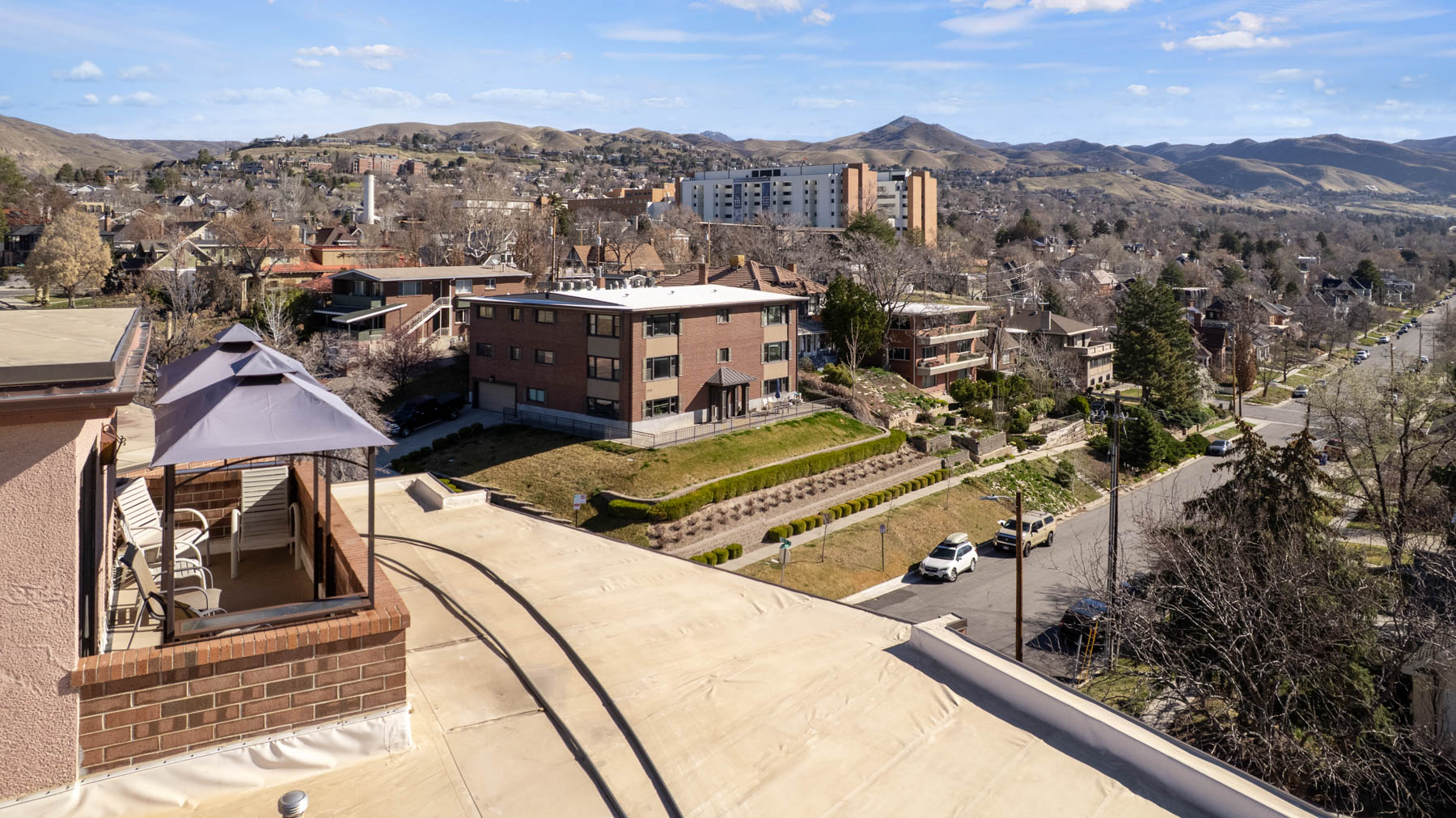 Aerial view of a mountain backdrop